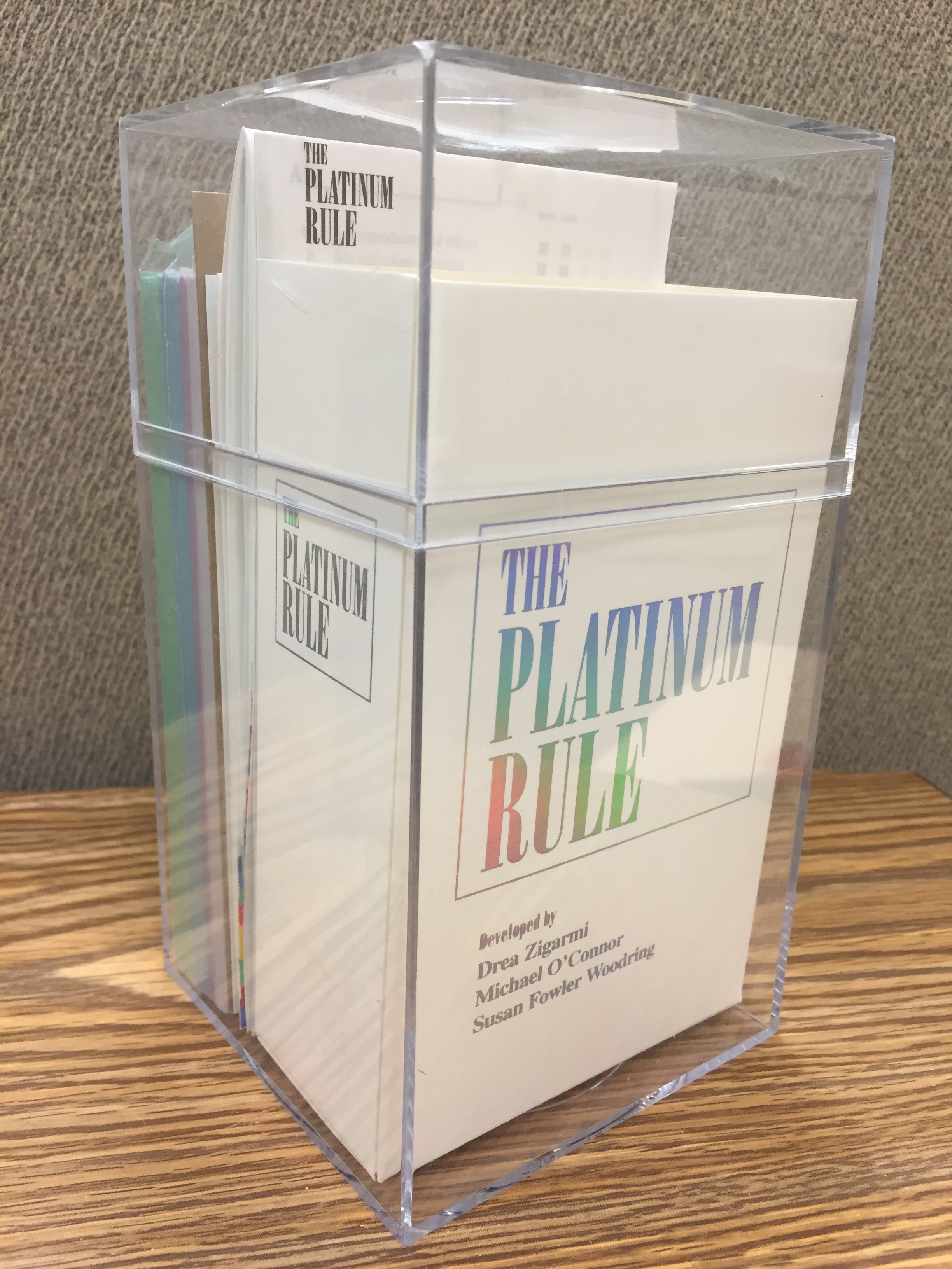 photo of platinum rule toolbox - acrylic box with color-coded cards inside