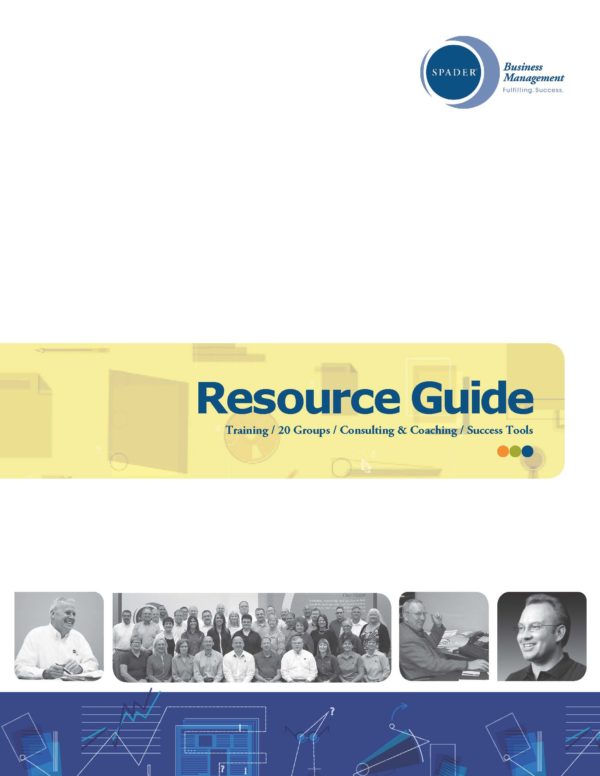 Cover image of the Spader Reseource Guide - Training, 20 Groups, Consulting & Coaching, Success Tools - photos of Spader personnel through the years across the bottom