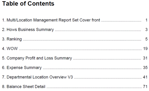 Table of Contents for Multi-Location Management Report Set